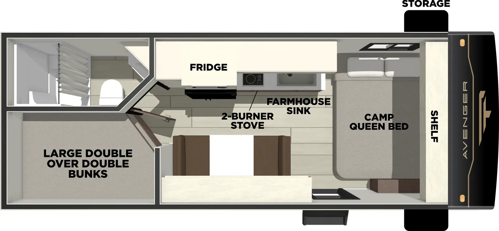 The Avenger 17DBX floorplan has one entry and zero slide outs. Exterior features include: metal exterior. Interiors features include: bunk beds and front bedroom.